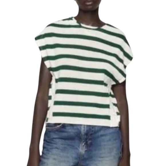 Zara Green & Cream Striped Rustic Button Detail Knit Sweater Tee - M - Picture 1 of 16